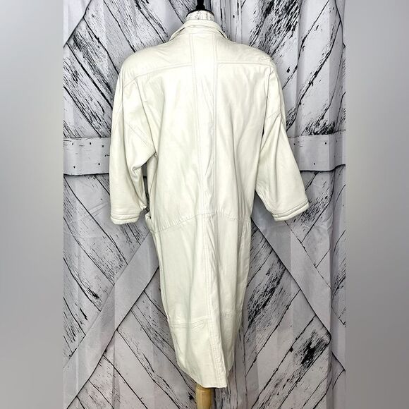Vintage 80s WINLIT Cream Leather Coat Padded Shoulders Size M - Picture 4 of 12